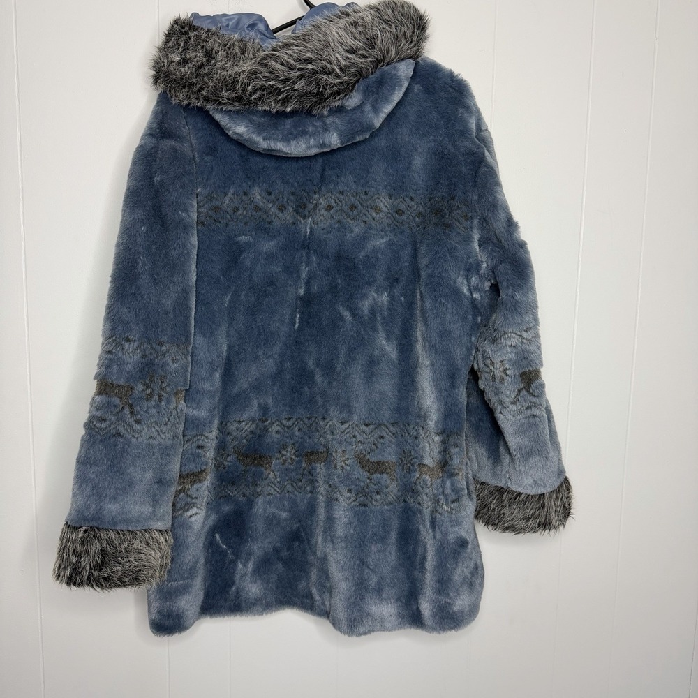 Nordic Lights Coat Womens Large Blue Faux Fur Hooded Fair Isle Reindeer Parka - Picture 7 of 14